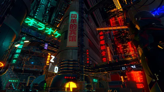 霓虹招牌与高楼围合的夜间街道，右侧站着身着装备的角色