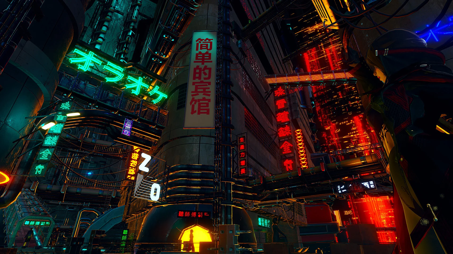 霓虹招牌与高楼围合的夜间街道，右侧站着身着装备的角色