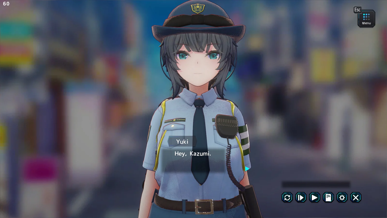 穿着制服的和美站在街道上与主角对话