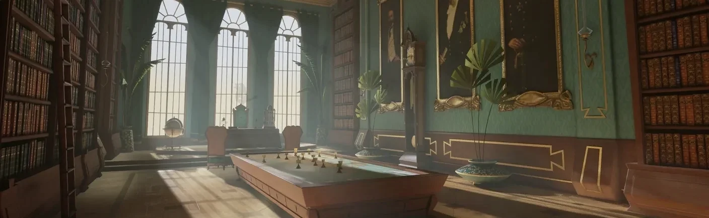 阳光透过高窗，照亮两侧书架之间的棋桌
