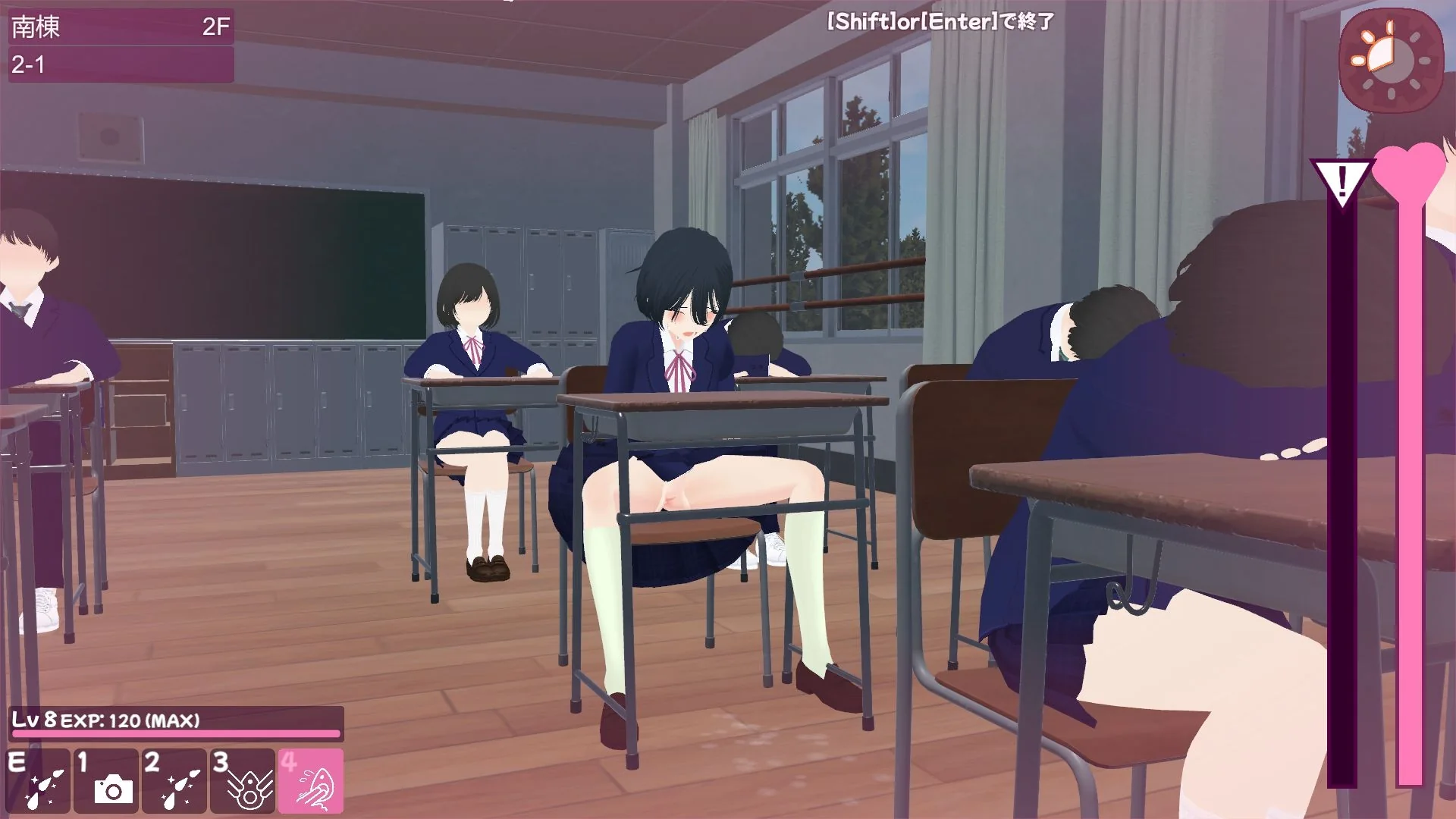 3D校园教室内，女主角坐在课桌前的实机画面
