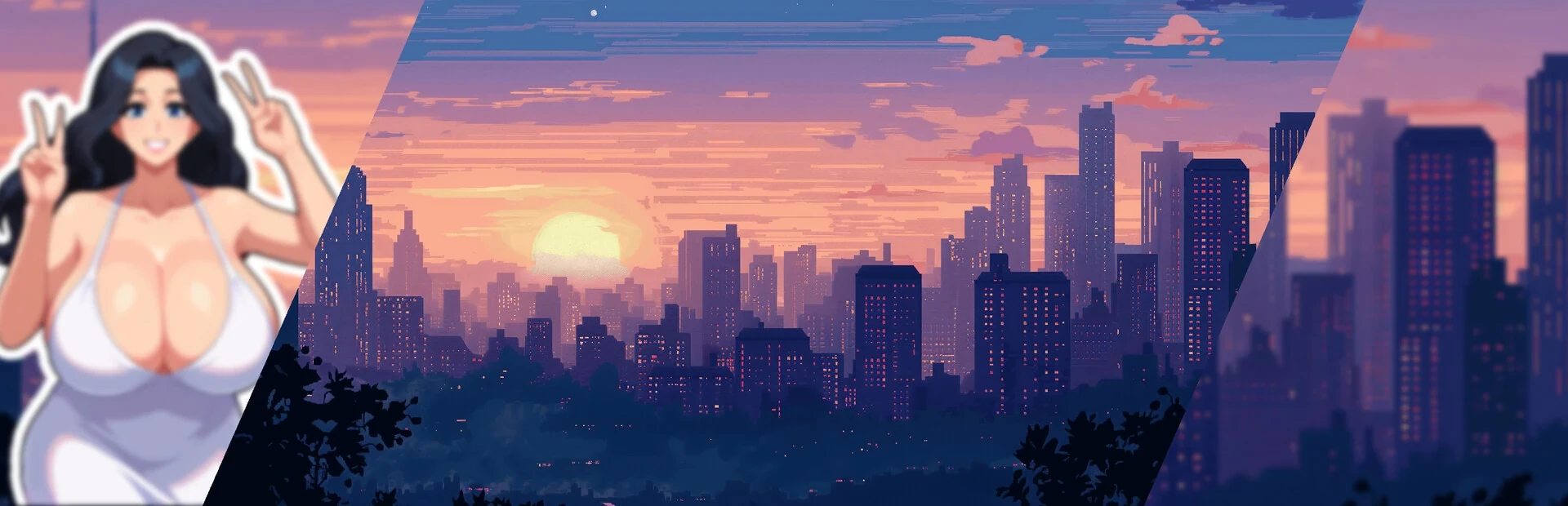 Anna 宣传插画与夕阳下的 Peak City 城市天际线