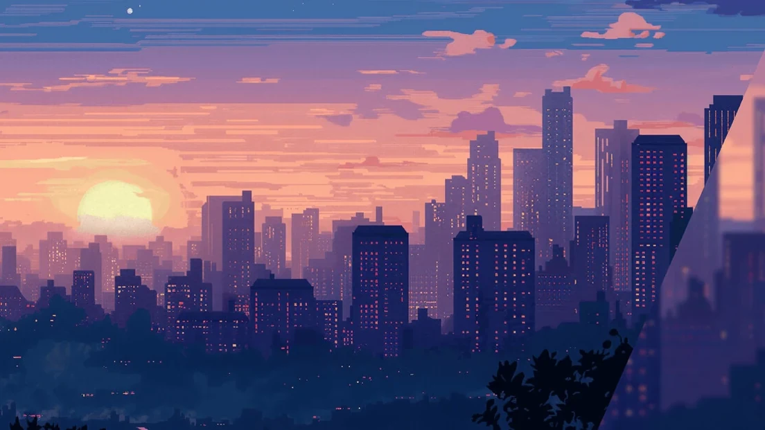 夕阳下的 Peak City 天际线，远处高楼与近处树影相接