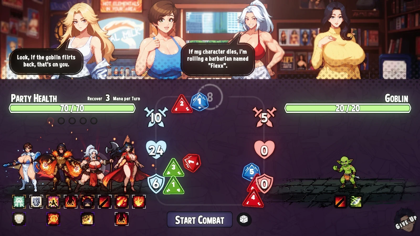 桌面 RPG 战斗界面：角色队伍、彩色骰子与哥布林敌人
