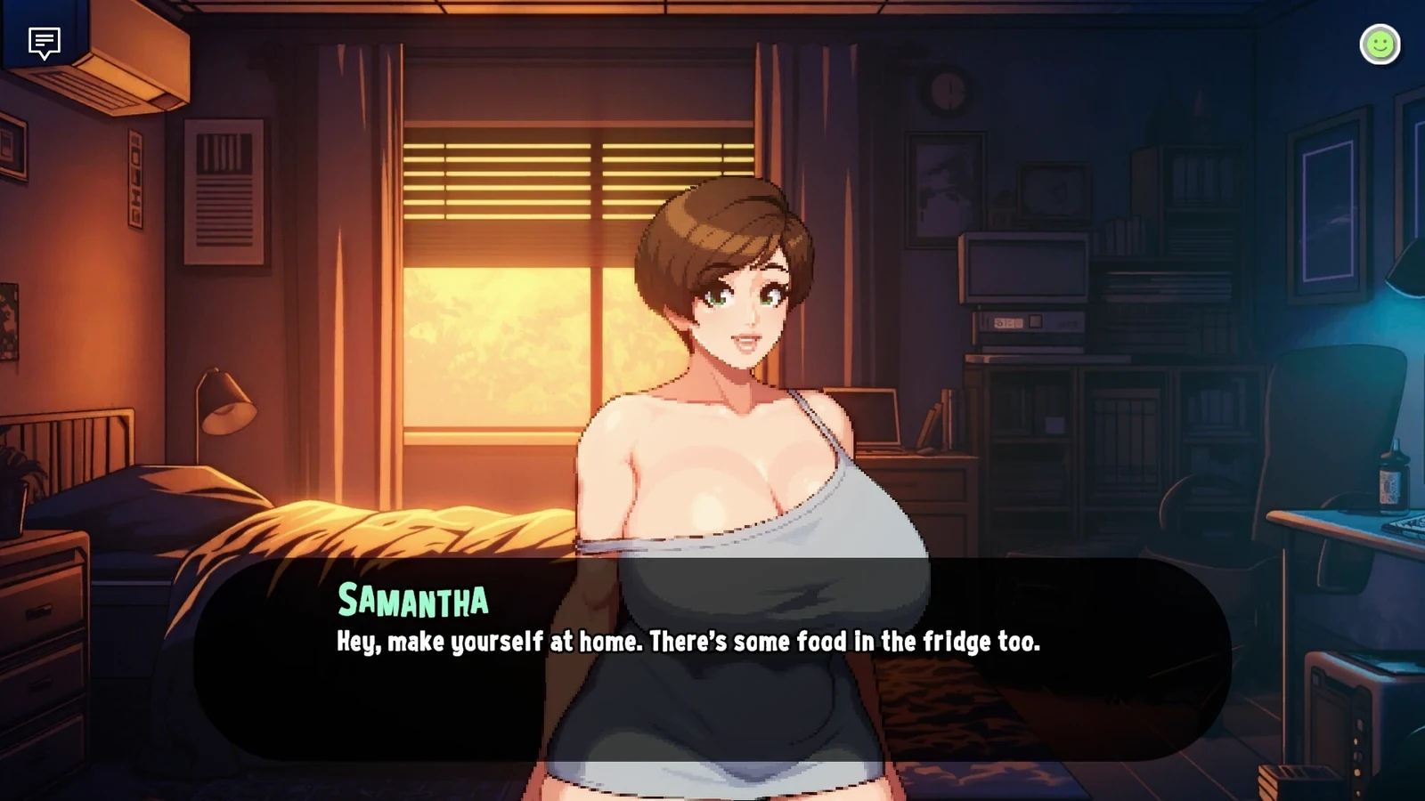 Samantha 在夕阳照进的房间中交谈，下方显示人物对话