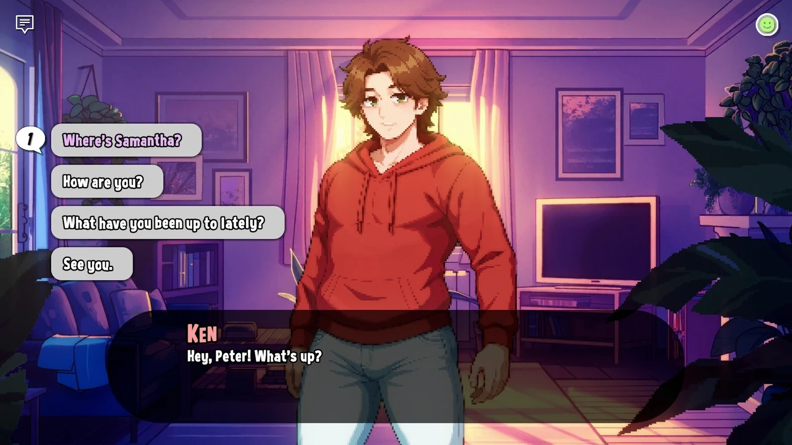Ken 身穿红色连帽衫站在紫色灯光的房间，左侧为对话选项